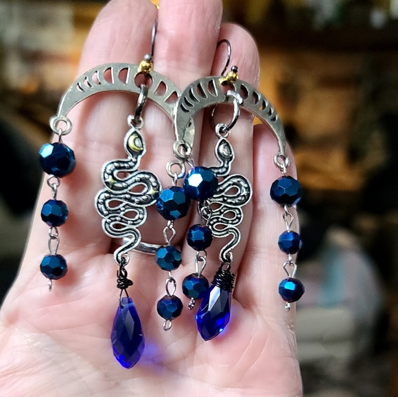 Fun Moonphase serpent π &vintage venetian midnight gem earrings - Picture 3 of 10